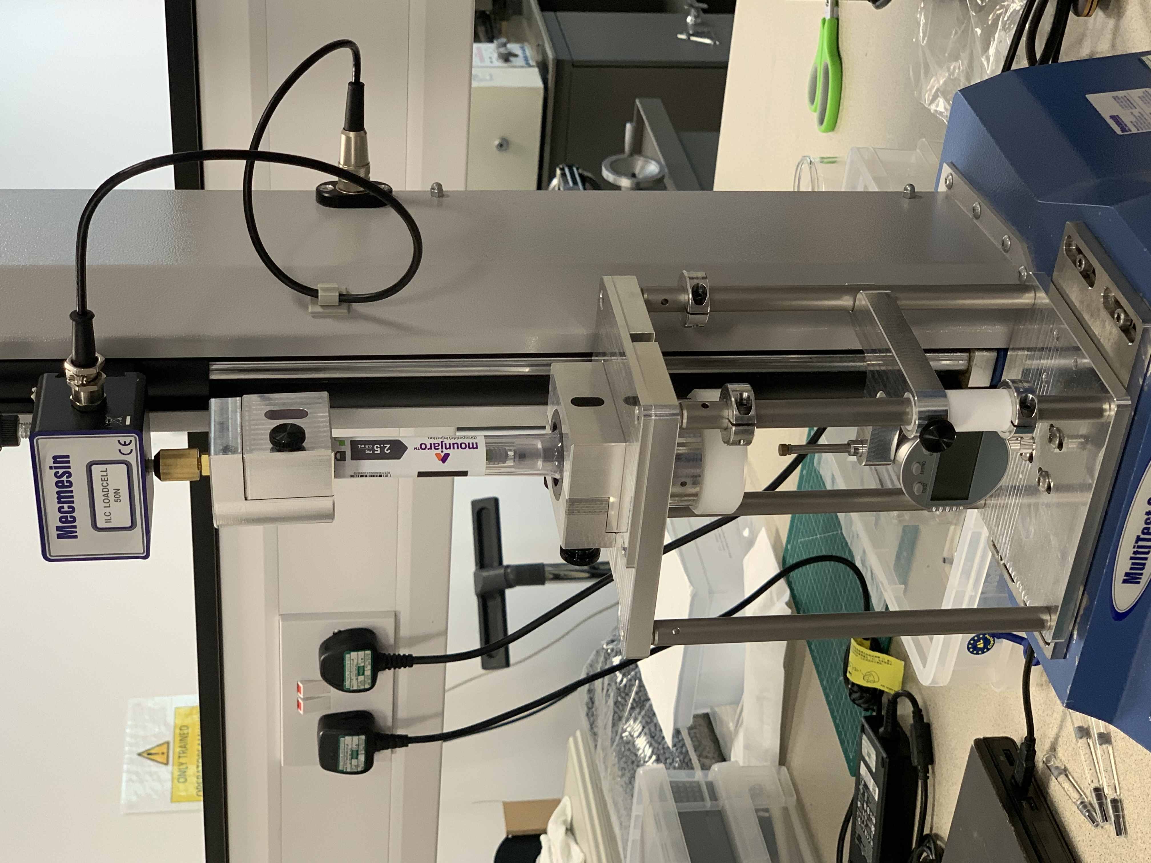 Custom modular autoinjector test rig on the Mecmesin force machine