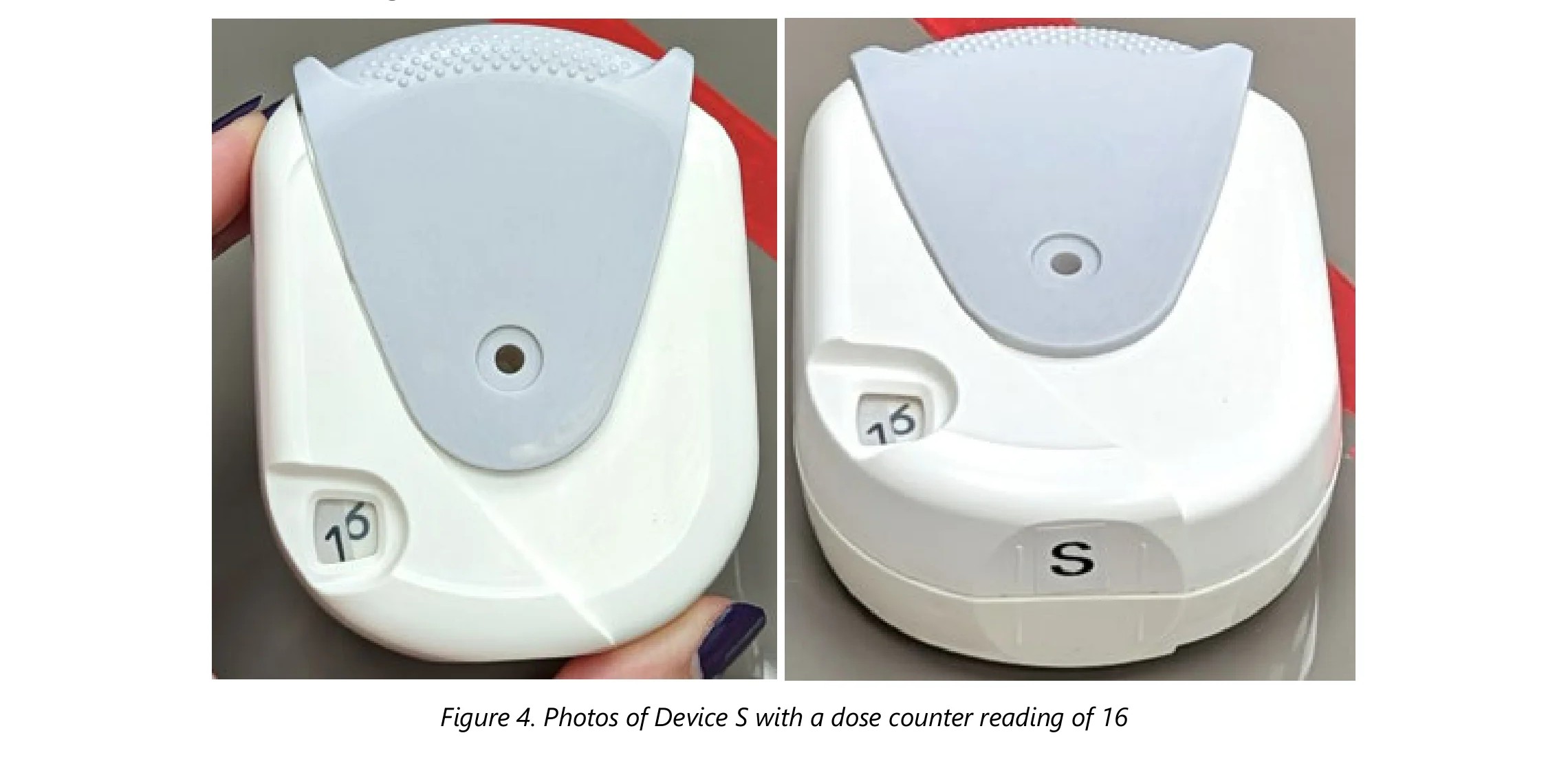 Two photographs of Device S showing dose counter reading 16 with the 6 partially masked by the window edge at 15.5 degrees misalignment