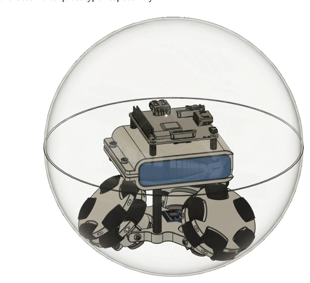 CAD of completed robot inside transparent sphere showing ArUco plate mounted on electronics stack