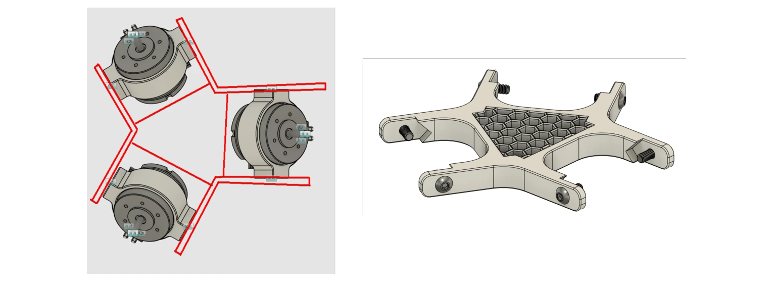 Left: initial pencil sketch of motor bracket geometry. Right: V1 motor bracket CAD model