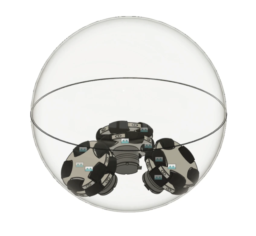 Front view CAD of full transparent sphere shell with three omniwheels inside showing kiwi drive arrangement